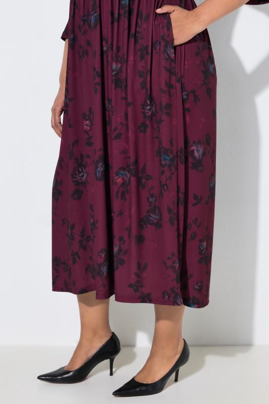 Matte Jersey Deep Floral Empire Waist 3/4 Sleeve Jersey Pocket Dress