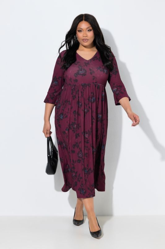 Matte Jersey Deep Floral Empire Waist 3/4 Sleeve Jersey Pocket Dress