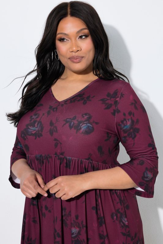 Matte Jersey Deep Floral Empire Waist 3/4 Sleeve Jersey Pocket Dress