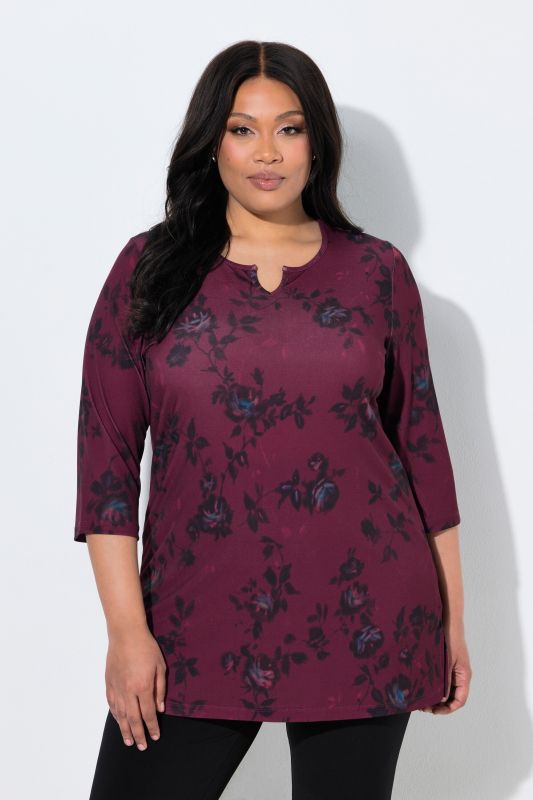 Matte Jersey Deep Floral 3/4 Sleeve Notch Neck Knit Tunic