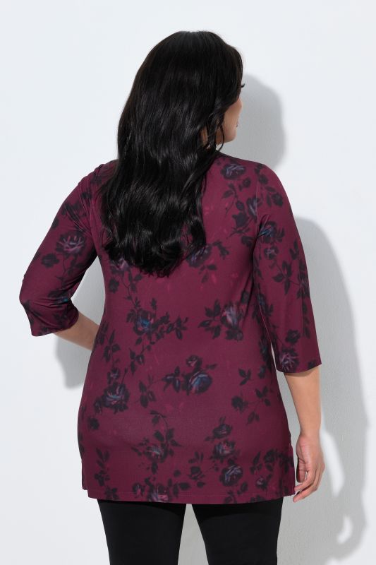 Matte Jersey Deep Floral 3/4 Sleeve Notch Neck Knit Tunic
