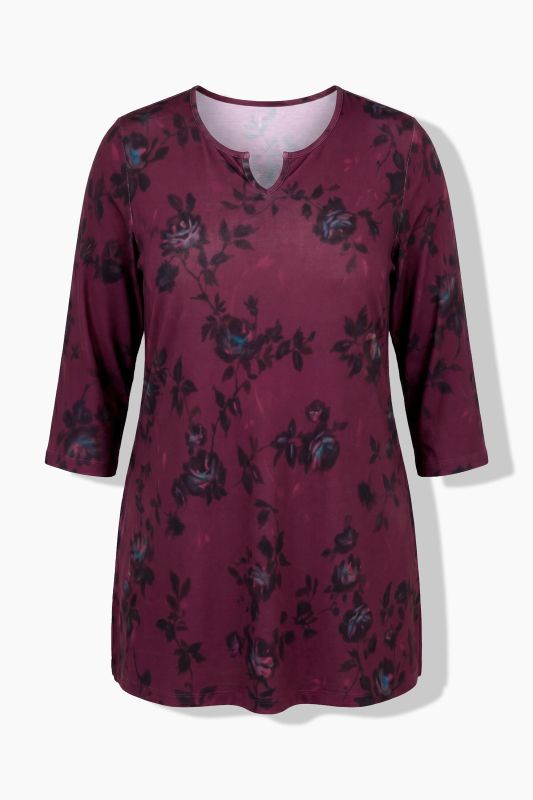 Matte Jersey Deep Floral 3/4 Sleeve Notch Neck Knit Tunic