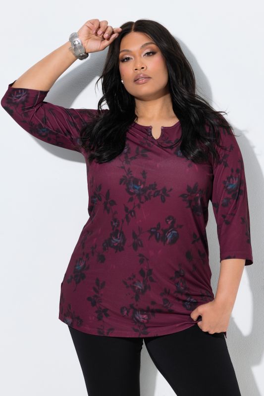 Matte Jersey Deep Floral 3/4 Sleeve Notch Neck Knit Tunic