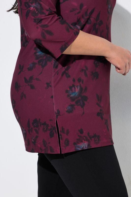 Matte Jersey Deep Floral 3/4 Sleeve Notch Neck Knit Tunic