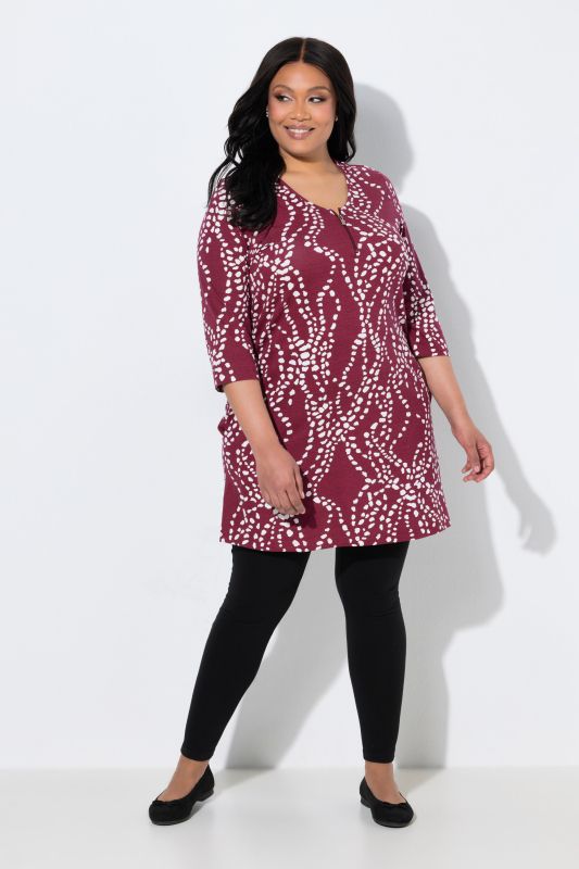Dot Wave Zipper Neckline 3/4 Sleeve Knit Tunic Dress