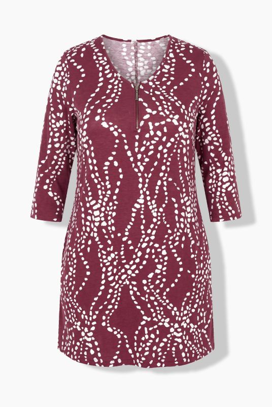 Dot Wave Zipper Neckline 3/4 Sleeve Knit Tunic Dress