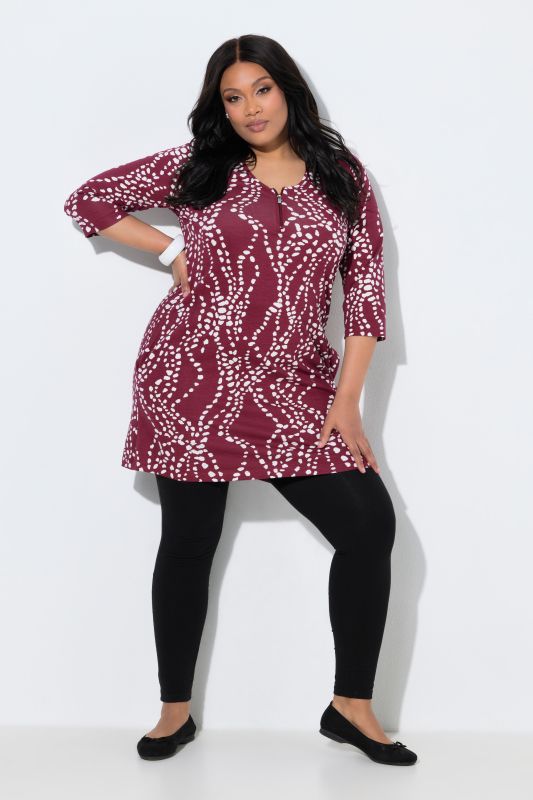 Dot Wave Zipper Neckline 3/4 Sleeve Knit Tunic Dress