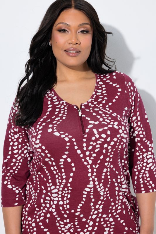 Dot Wave Zipper Neckline 3/4 Sleeve Knit Tunic Dress