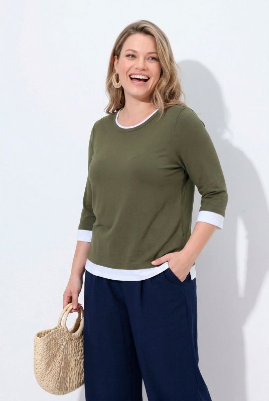 Eco Cotton Two-Tone 3/4 Sleeve Layered Look Tee
