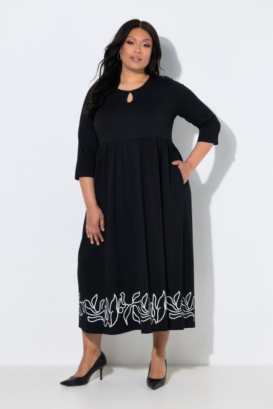 Leaf Border Print Empire Waist 3/4 Sleeve Jersey Pocket Dress