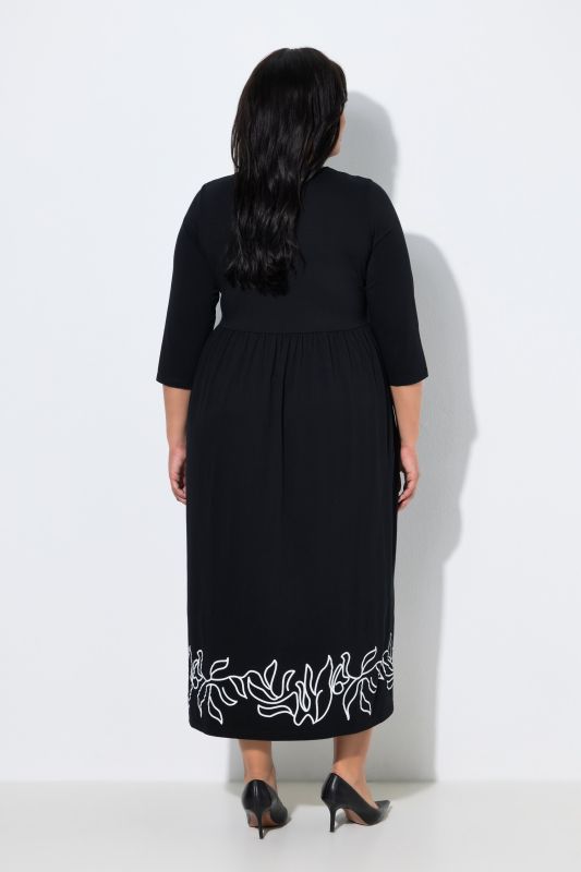 Leaf Border Print Empire Waist 3/4 Sleeve Jersey Pocket Dress