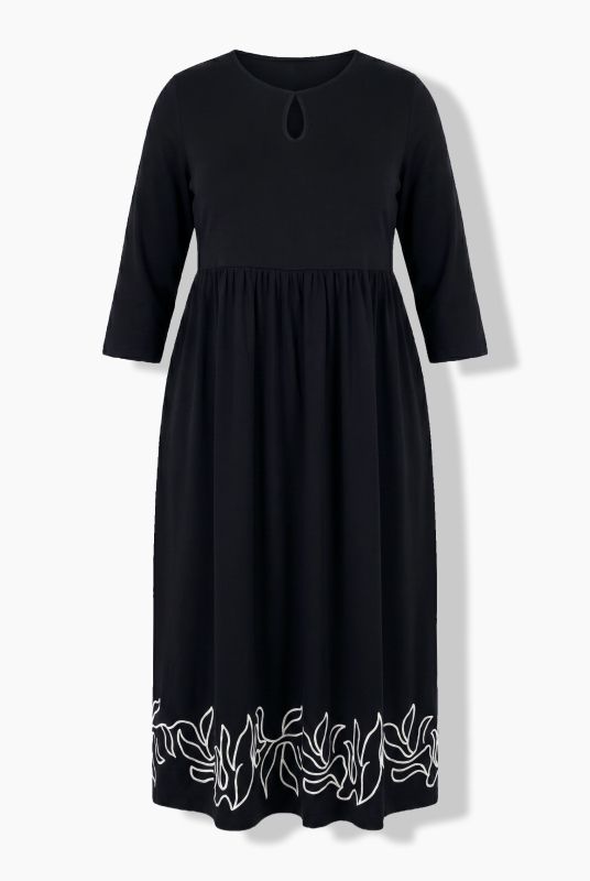 Leaf Border Print Empire Waist 3/4 Sleeve Jersey Pocket Dress