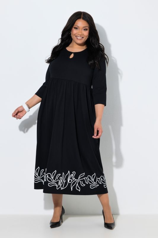 Leaf Border Print Empire Waist 3/4 Sleeve Jersey Pocket Dress