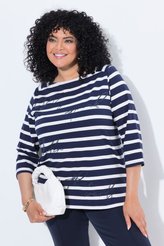 Striped Script Lettering 3/4 Sleeve Tee