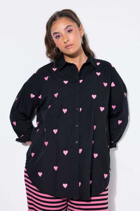 shirt blouse, oversized, heart embroidery, shirt collar, long sleeve
