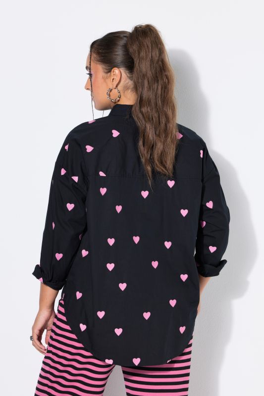 shirt blouse, oversized, heart embroidery, shirt collar, long sleeve