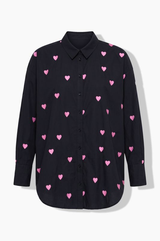 shirt blouse, oversized, heart embroidery, shirt collar, long sleeve