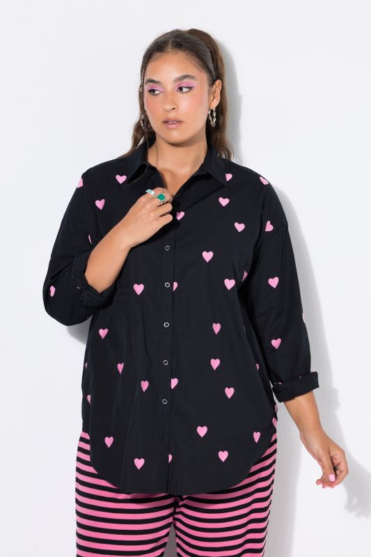 shirt blouse, oversized, heart embroidery, shirt collar, long sleeve