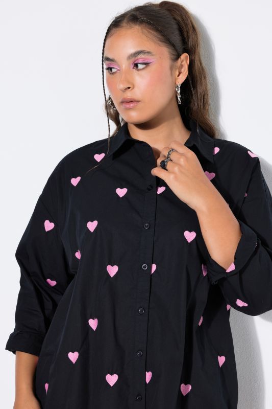 shirt blouse, oversized, heart embroidery, shirt collar, long sleeve