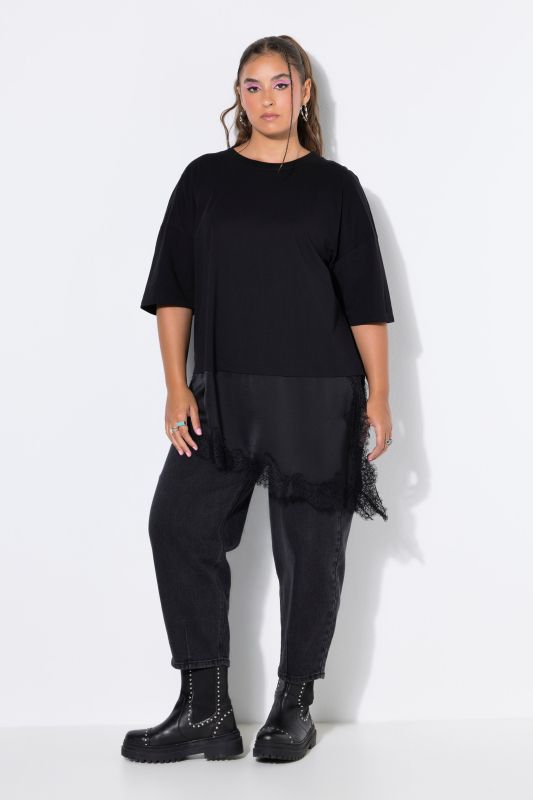 Asymmetric Satin and Lace Short Sleeve Tee