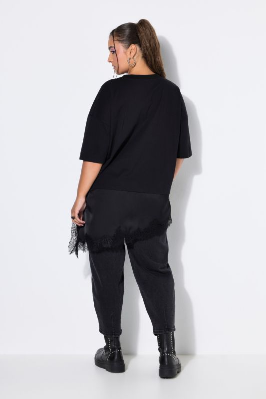 Asymmetric Satin and Lace Short Sleeve Tee