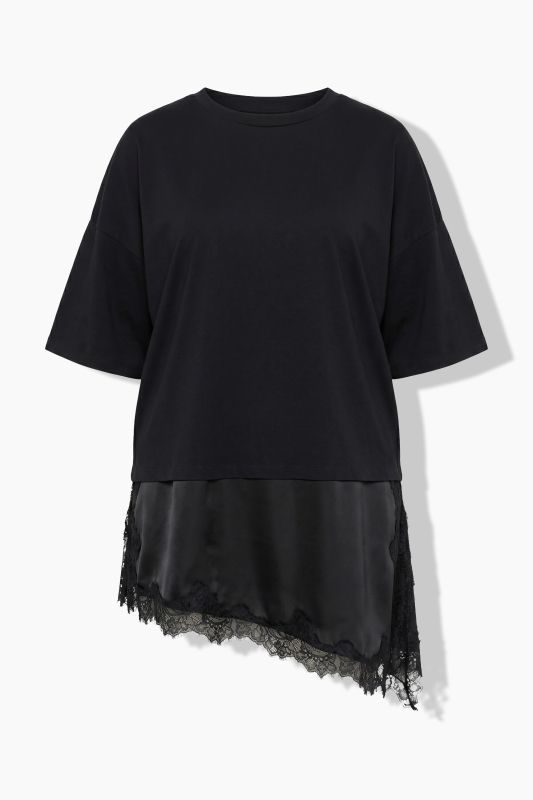Asymmetric Satin and Lace Short Sleeve Tee