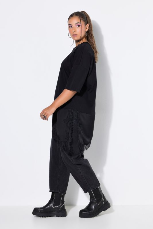 Asymmetric Satin and Lace Short Sleeve Tee