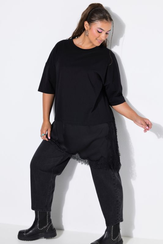 Asymmetric Satin and Lace Short Sleeve Tee