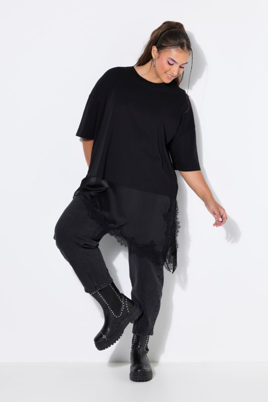 Asymmetric Satin and Lace Short Sleeve Tee