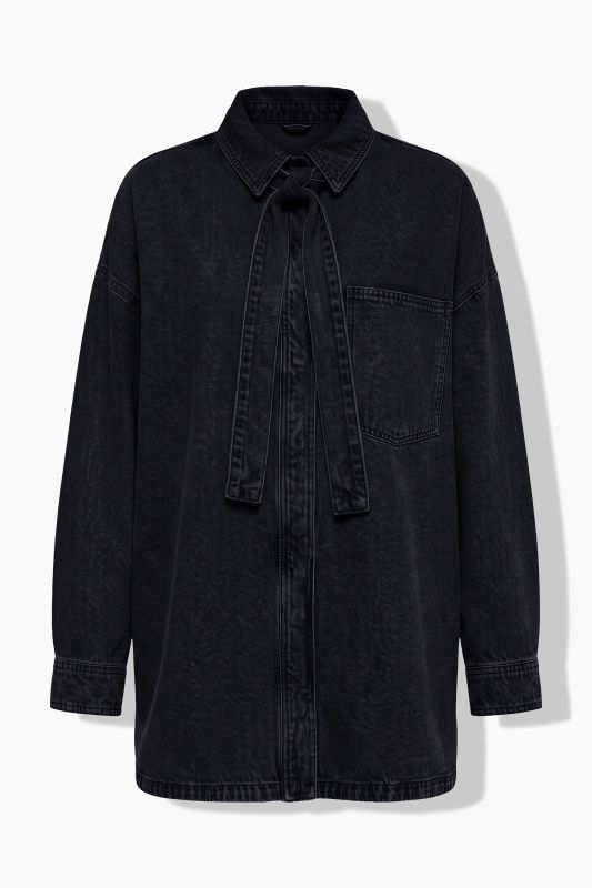 Denim Lavalliere Button-Down Blouse