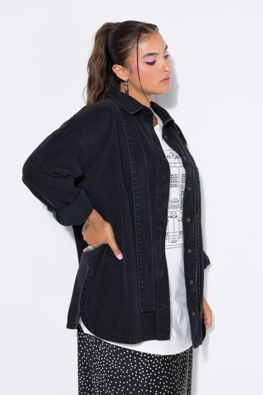Denim Lavalliere Button-Down Blouse