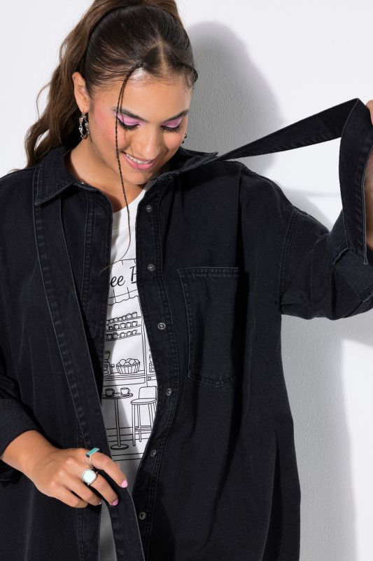 Denim Lavalliere Button-Down Blouse