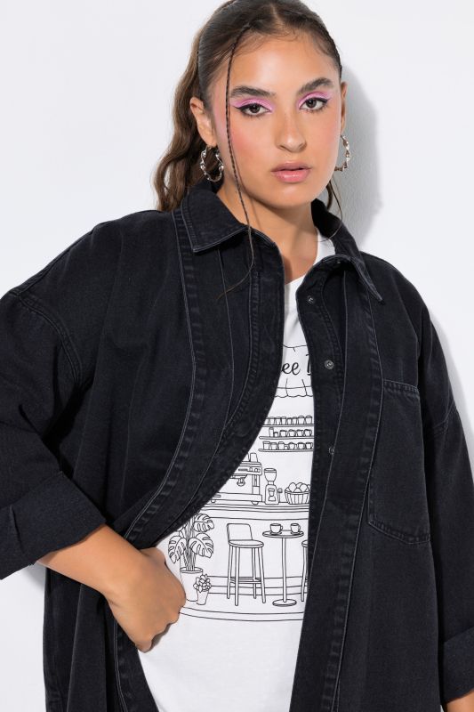 Denim Lavalliere Button-Down Blouse