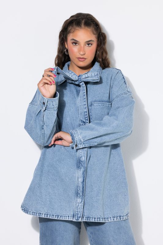 Denim Lavalliere Button-Down Blouse