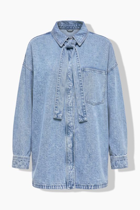 Denim Lavalliere Button-Down Blouse