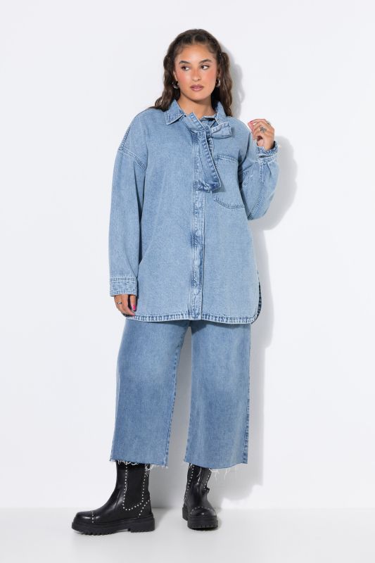 Denim Lavalliere Button-Down Blouse