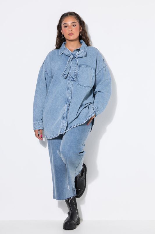 Denim Lavalliere Button-Down Blouse