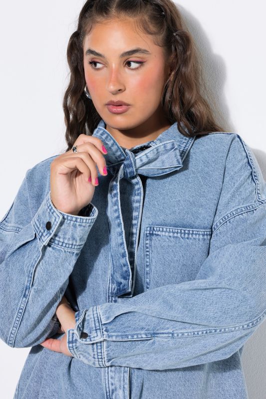 Denim Lavalliere Button-Down Blouse