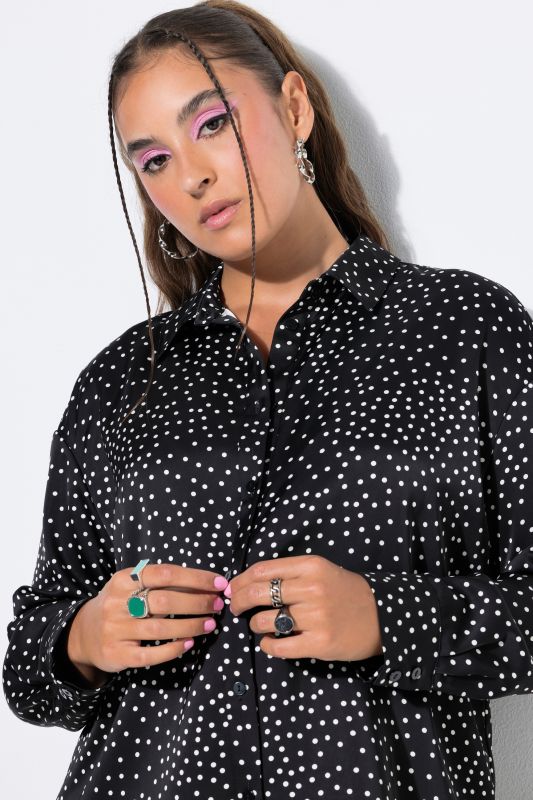 Satin Polka Dot Long Sleeve Button-Down Blouse