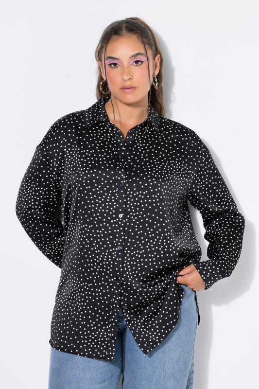 Satin Polka Dot Long Sleeve Button-Down Blouse