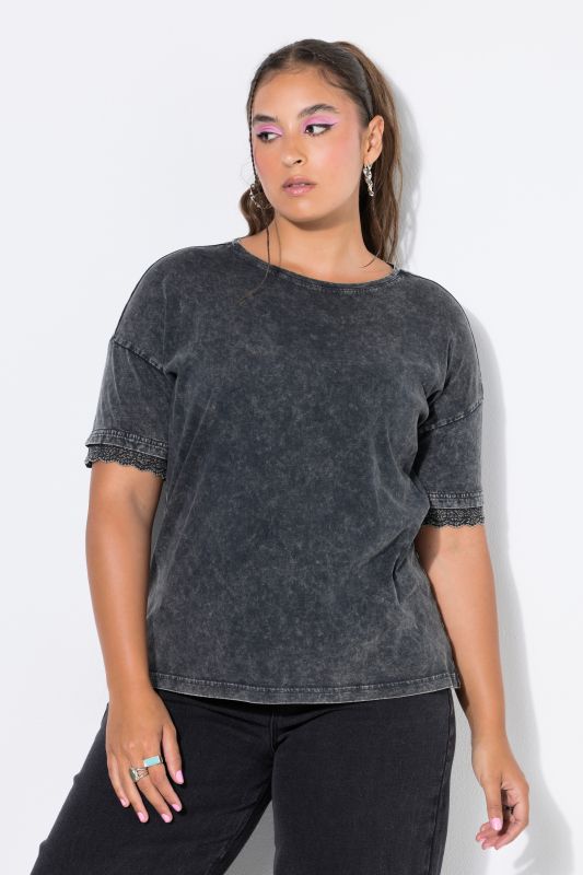 Doubled Sleeve Lace Trim Acid Wash Tee