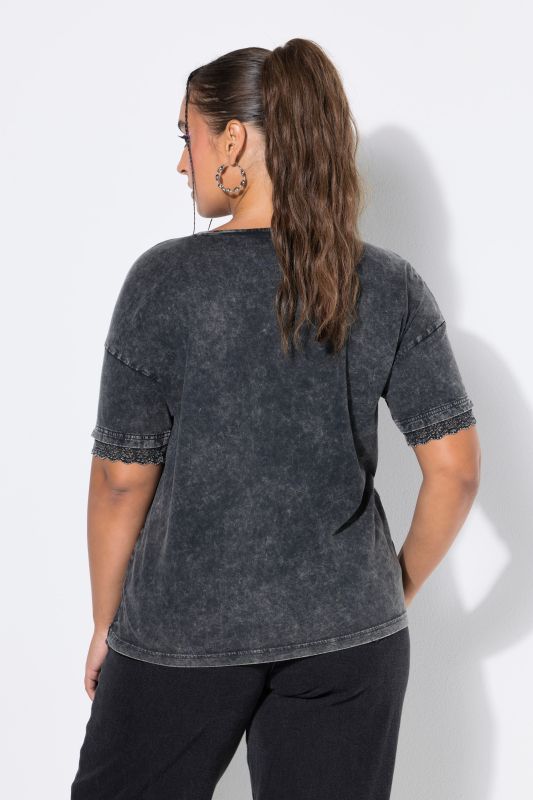 Doubled Sleeve Lace Trim Acid Wash Tee