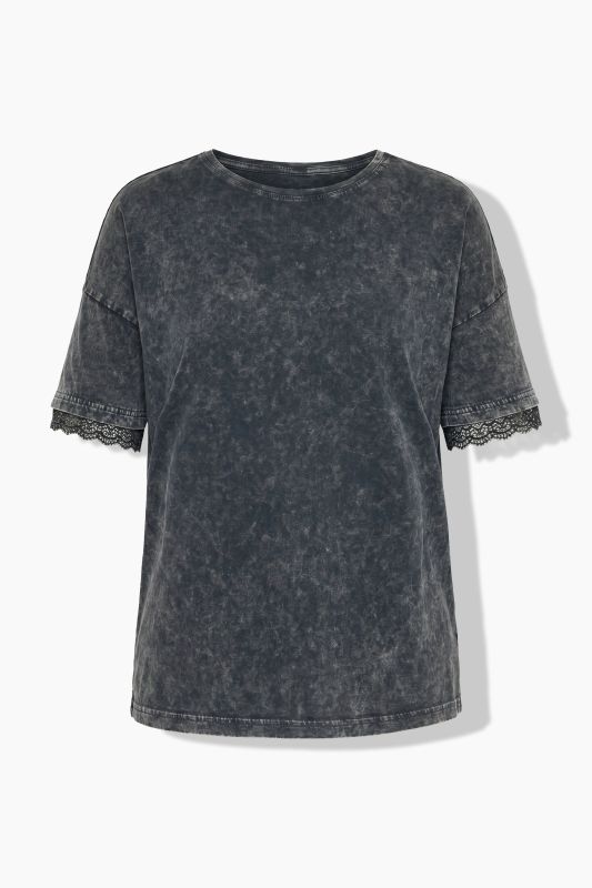 Doubled Sleeve Lace Trim Acid Wash Tee