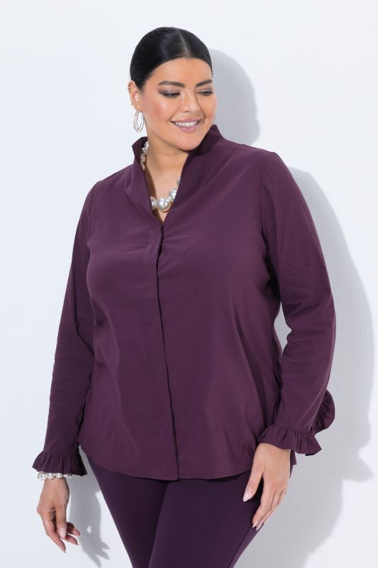Goblet Collar Long Sleeve Ruffled Cuff Blouse
