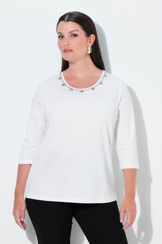 Rhinestone Flower Punto di Roma 3/4 Sleeve Sweater