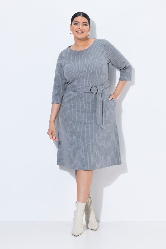 Pinstripe 3/4 Sleeve Boat Neck Midi Dress