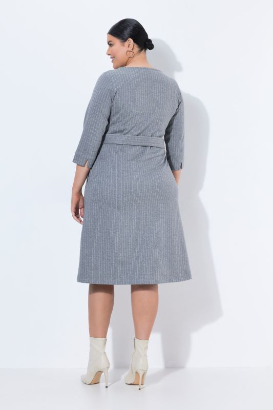Pinstripe 3/4 Sleeve Boat Neck Midi Dress