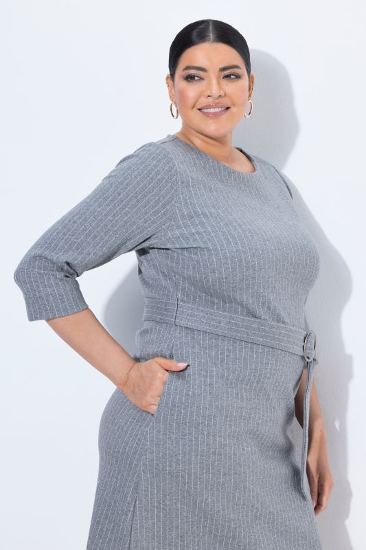 Pinstripe 3/4 Sleeve Boat Neck Midi Dress
