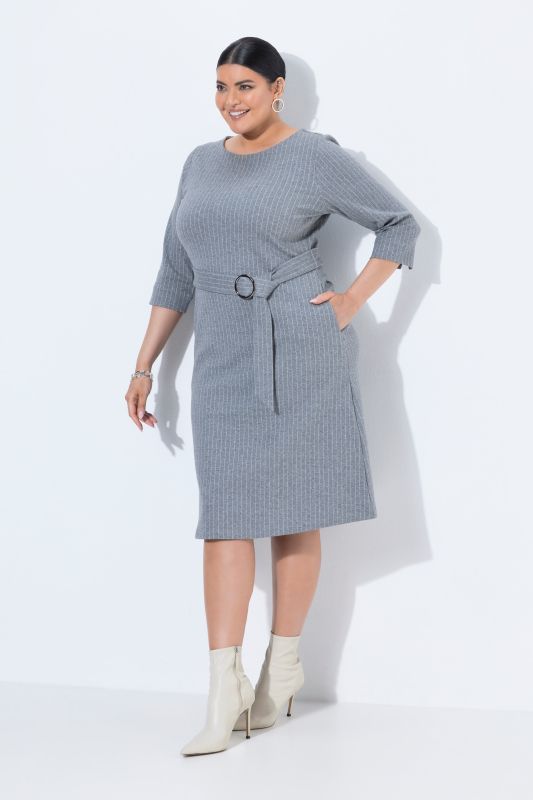 Pinstripe 3/4 Sleeve Boat Neck Midi Dress