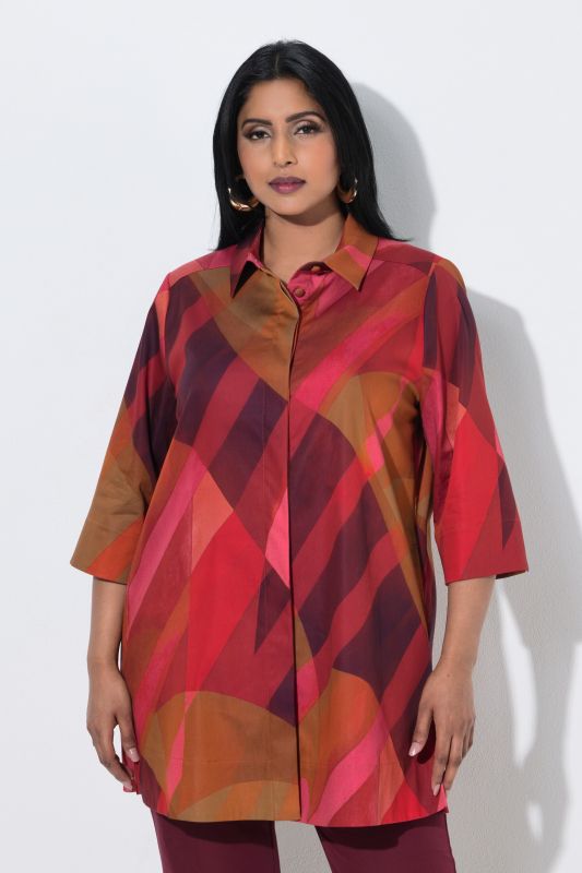 Abstract Stripe 3/4 Sleeve Button-Down Tunic Blouse